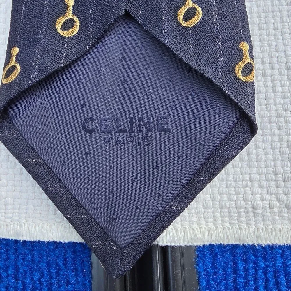 Celine 100 % silk tie navy and gold